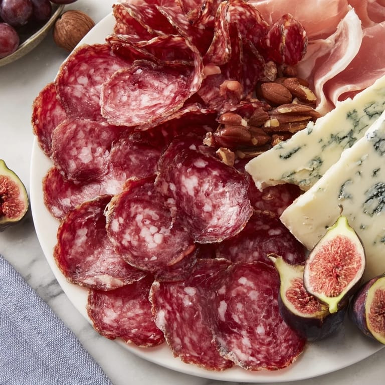 A beautiful Majestic Venison Charcuterie Platter, overflowing with savory meats, fresh fruits, and nuts.