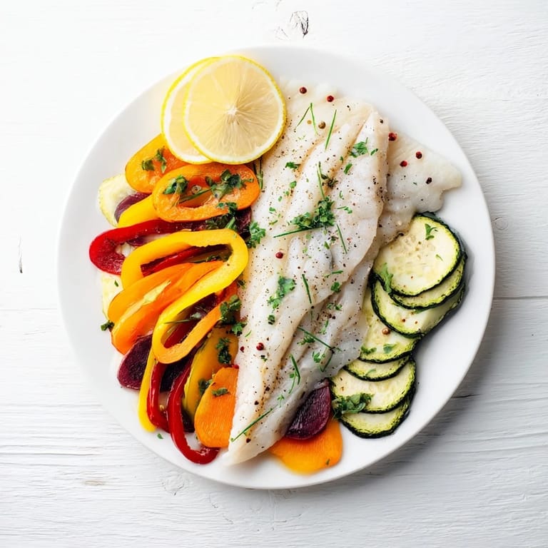 Light Fish-Shaped Meal creation; tender white fish shaped like a friendly fish, ready to serve with vibrant veggies.