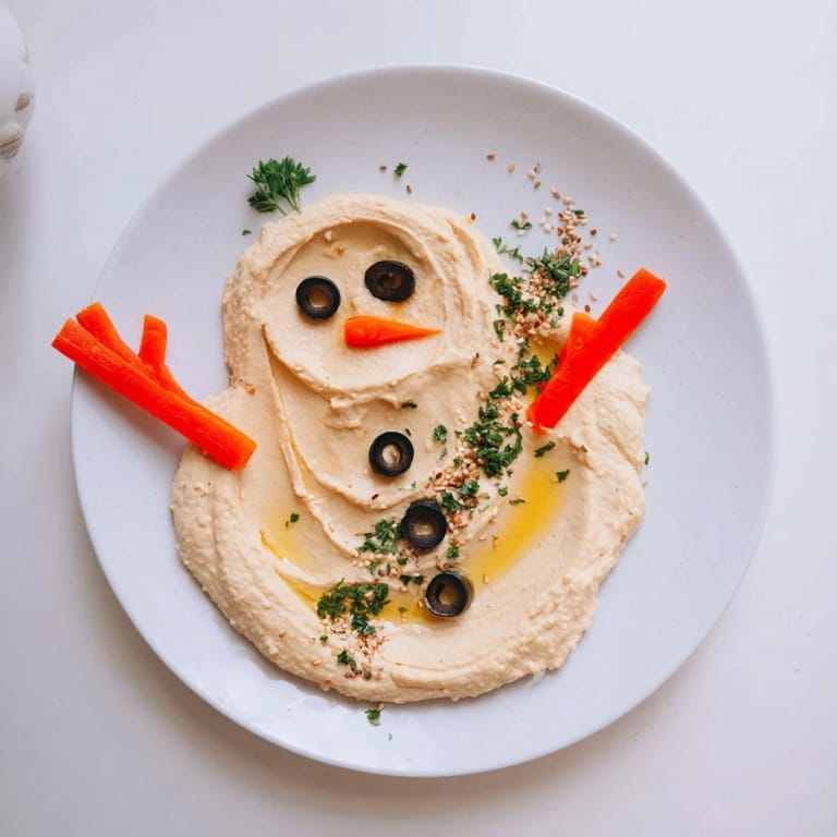Melted Snowman Hummus Platter with carrot nose and olive eyes ready to dip.