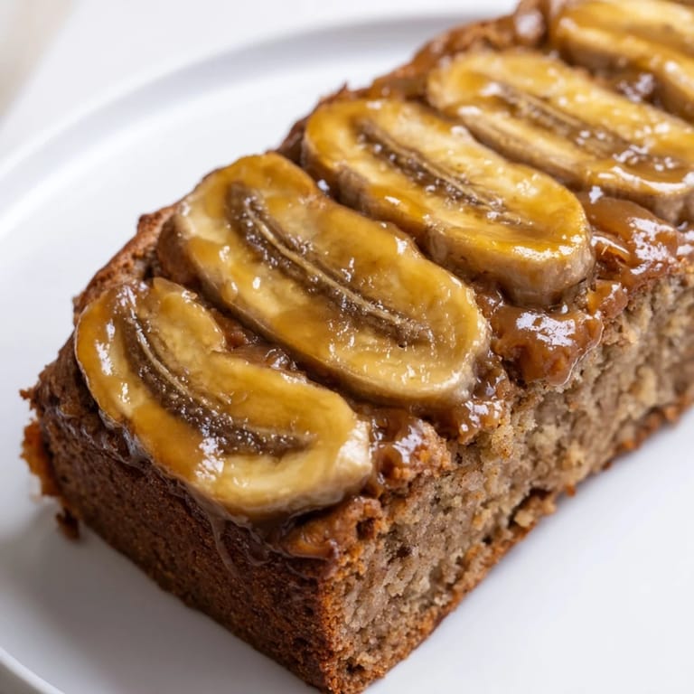 This moist Banana Bread Cake boasts a tender crumb and is topped with sweet caramelized bananas.