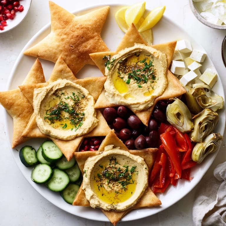 Festive Three Kings Star Pita Board with crispy star pita, colorful dips, and fresh vegetables ready to serve.