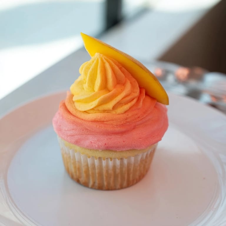 Delicious Mango Strawberry Sunset Cupcakes topped with a dreamy sunset-colored buttercream frosting.