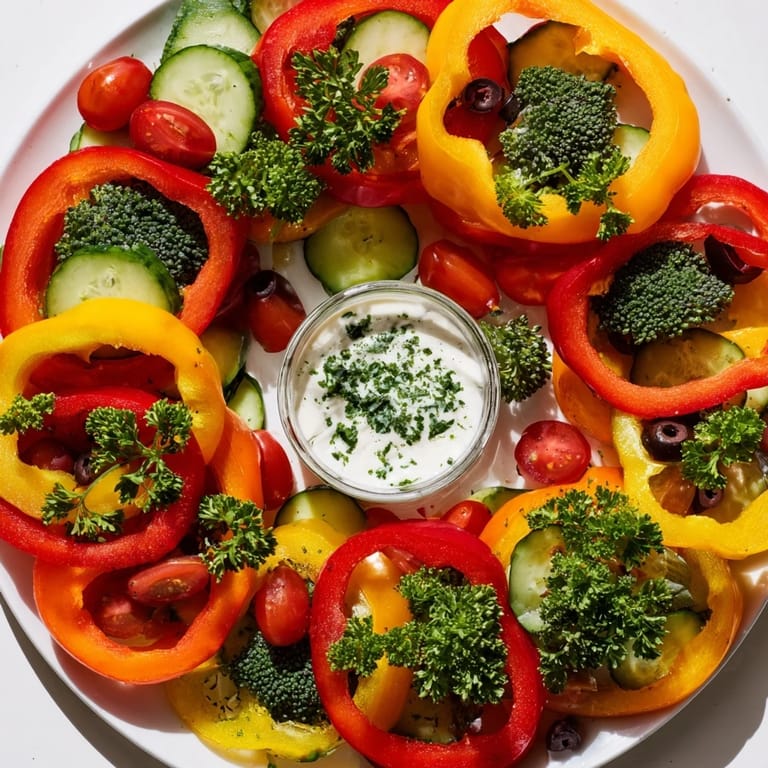 Beautifully arranged Festive Bell Pepper Wreath, a vegetarian appetizer perfect for parties, with fresh herbs.