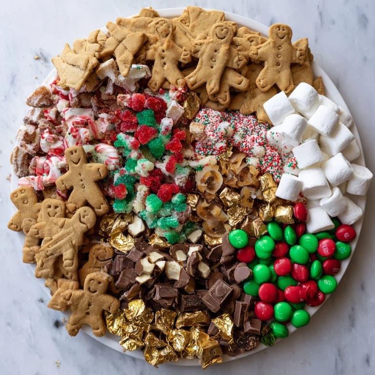  Un arrangement de "Santas Sack Candy Avalanche" présenté sur une planche en bois, parfait pour les fêtes de fin d'année.