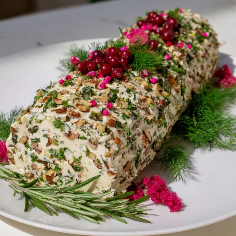 Festive Yuletide Log Cheese Centerpiece, a holiday appetizer with creamy cheese and herb coating.