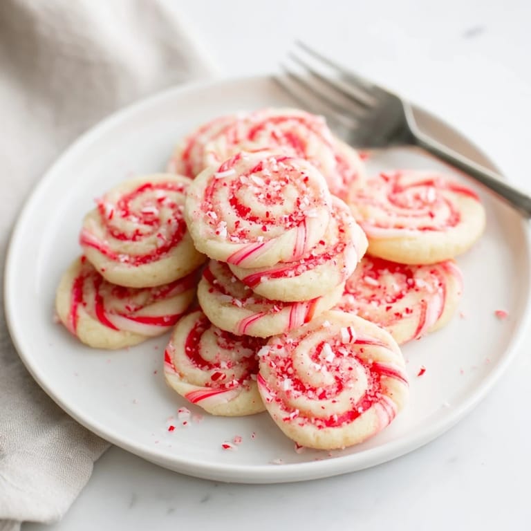 Close-up of Candy Cane Swirl Cookie Platter cookies, showing their festive red and white swirled details.
