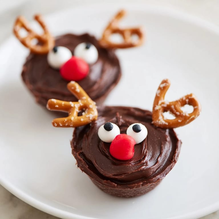 A fun Christmas dessert: Chocolate Reindeer Pudding Cups surrounded by marshmallows and chocolate treats.