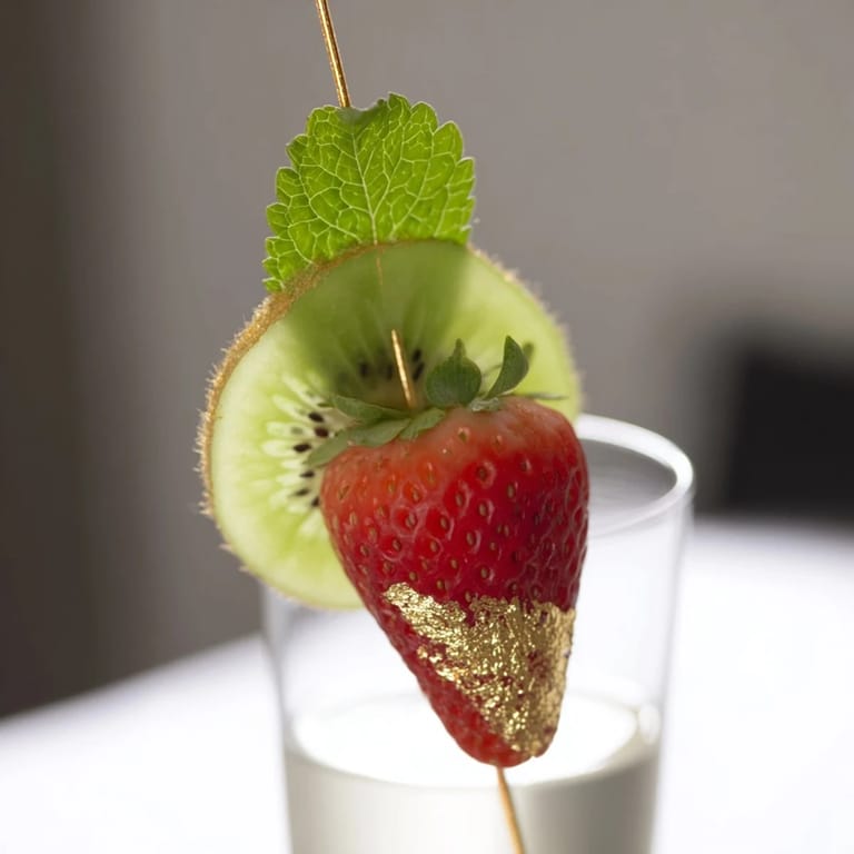 Fresh and colorful fruit garnishes, perfectly arranged beside champagne flutes for a New Years party.