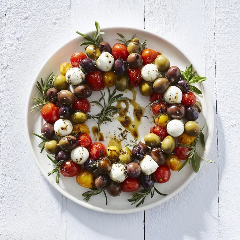 Festive olive and cherry tomato appetizer wreath, showcasing fresh herbs and a colorful, inviting presentation.