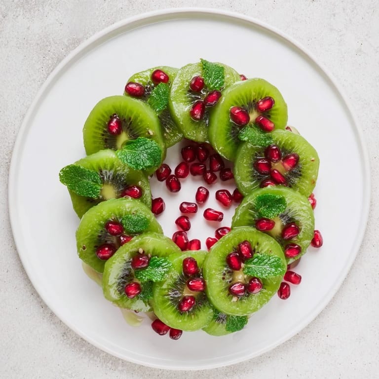 A stunning kiwi and pomegranate Christmas wreath, showcasing glistening red seeds, ready to serve as a festive dessert.