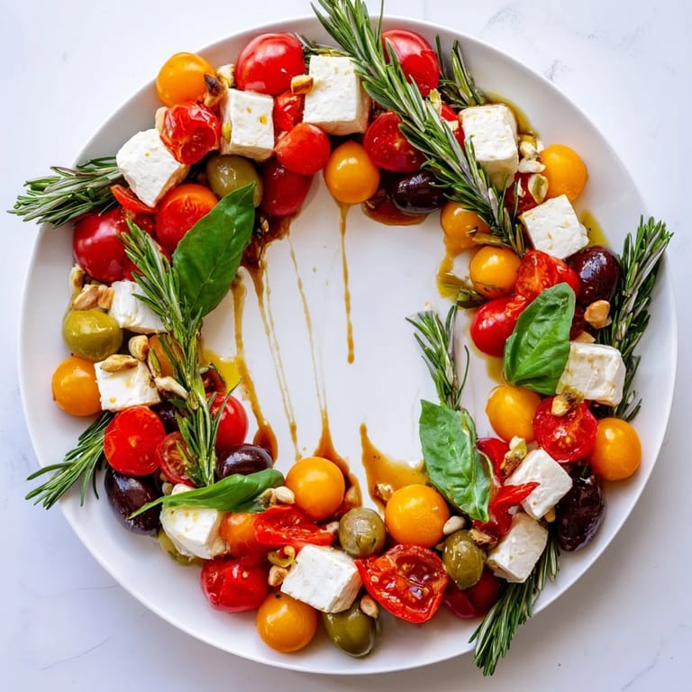 A visually appealing Olive and Cherry Tomato Garland Board, perfect for a Mediterranean appetizer board served with bread.