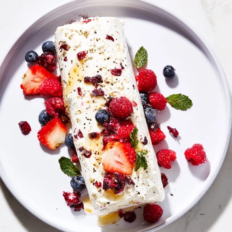 Elegant appetizer shot reveals a simple cranberry & goat cheese log, perfectly paired with fresh, juicy berries.