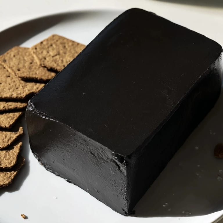 Dramatic "Obsidian Peak" cheese board with whole black wax cheddar and tempting dark rye crackers.