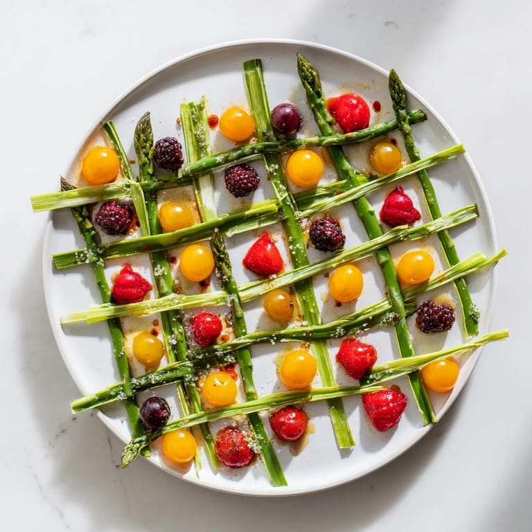 This elegant botanical lattice appetizer presents a visually appealing lattice of asparagus with colorful fruit.