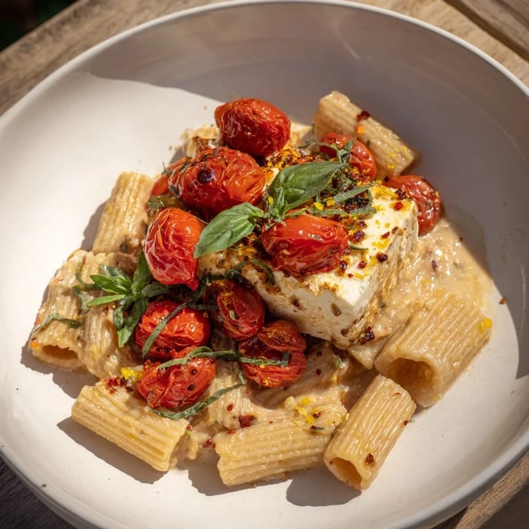 A delicious bowl of Baked Feta 2.0 with pasta, basil, and a drizzle of spicy honey.