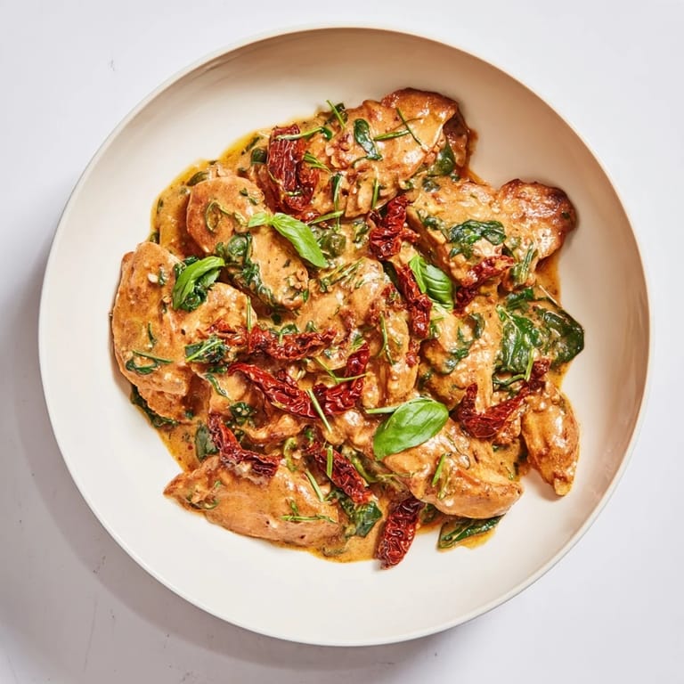 A close-up view of Creamy Sun-Dried Tomato Chicken Skillet, perfectly cooked and ready to serve.