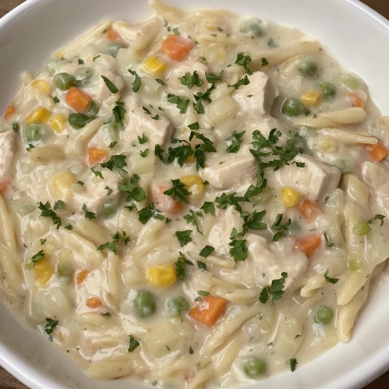 Here are 3 unique, SEO-optimized ALT image texts for a recipe photo of Chicken Pot Pie Pasta Soup: