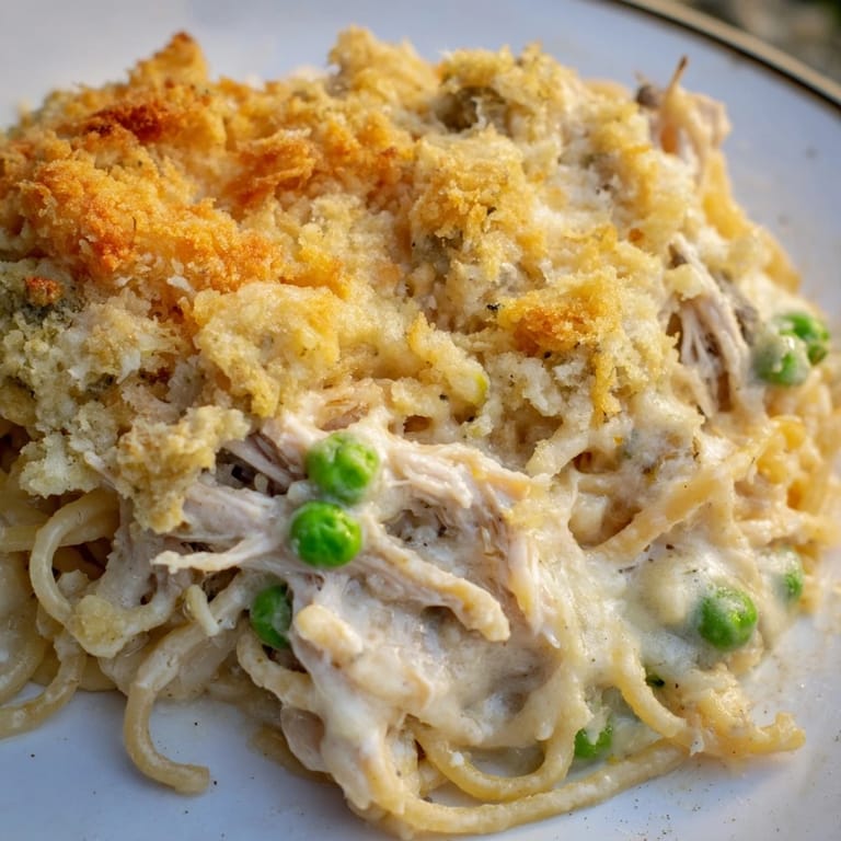 This turkey tetrazzini bake features creamy pasta, savory chicken, and a bubbly, toasted parmesan topping.