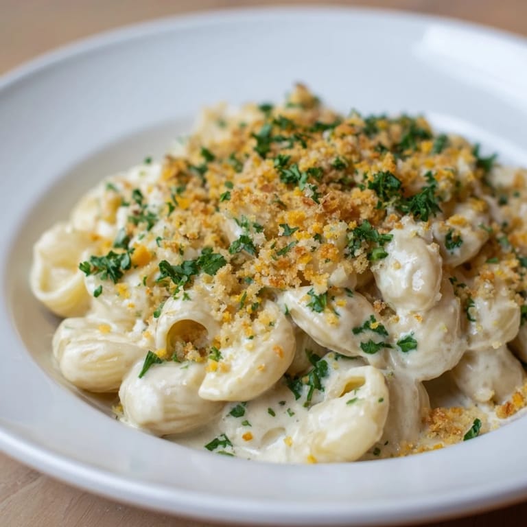 Delicious and high-protein cottage cheese mac and cheese, ready to be served and enjoyed.