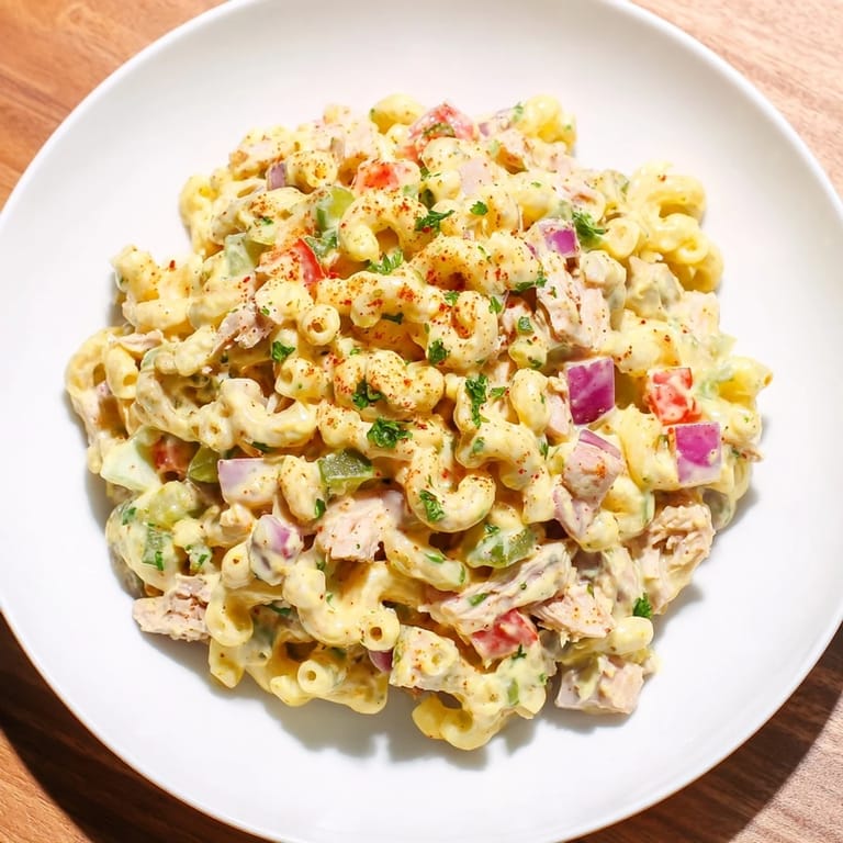 This chilled Chicken Macaroni Holiday Salad shows off the macaroni coated in a creamy, tangy dressing with relish.
