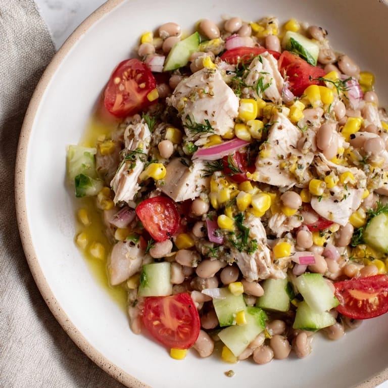 Fresh and flavorful dense bean salad with lemon-dill chicken, perfect for a Mediterranean-inspired lunch.