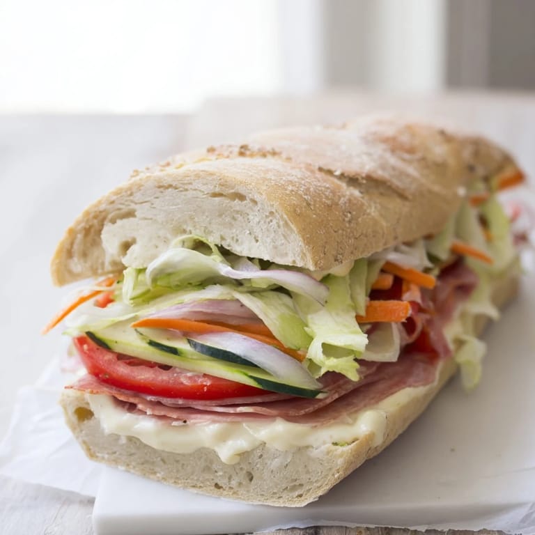 Close-up of a loaded Crunchy Dill Pickle Sandwich, showcasing the crispy pickles, veggies, and creamy spread.