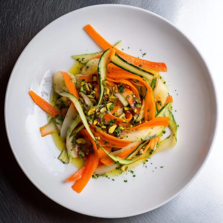 Vibrant Citrus Carrot Ribbon Salad, featuring delicate carrot ribbons and pistachios, makes a refreshing appetizer.