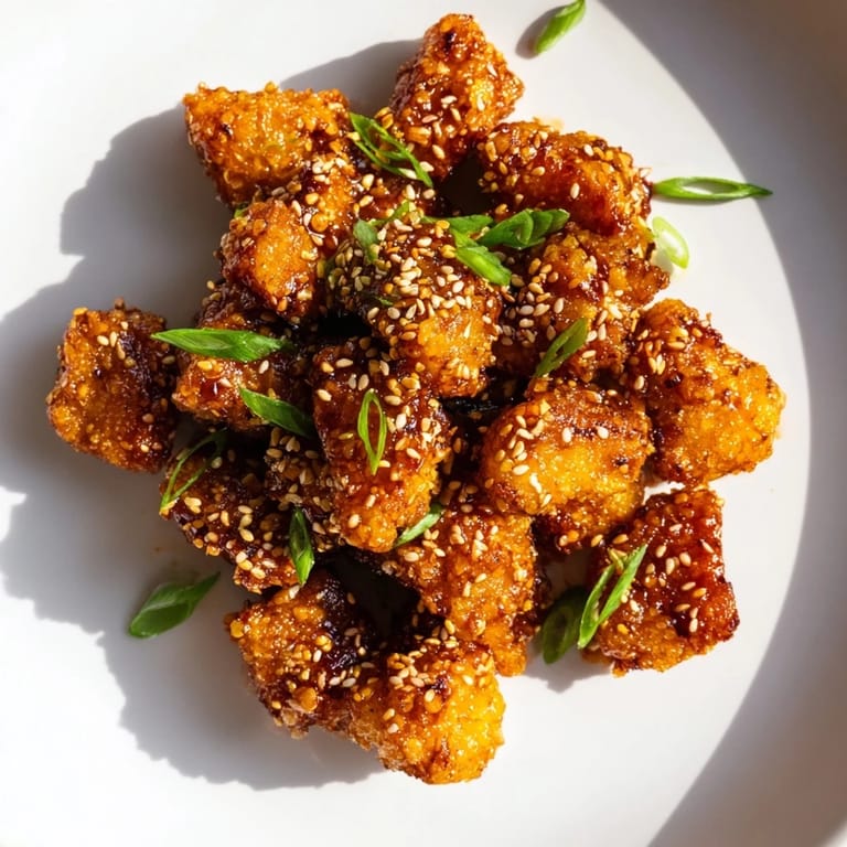 Crispy Honey-Sriracha chicken bites, a tasty appetizer with sesame seeds and green onions.