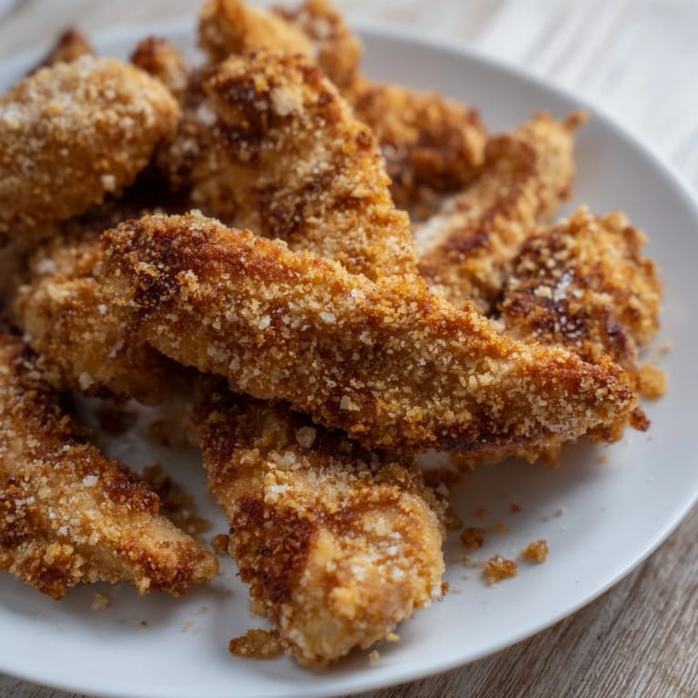 Close-up of crispy air-fried chicken tenders, perfectly golden and ideal with a dipping sauce.