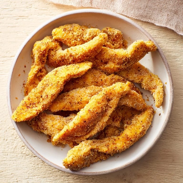 Freshly made air-fried chicken tenders with a crunchy, seasoned coating, perfect with salad.