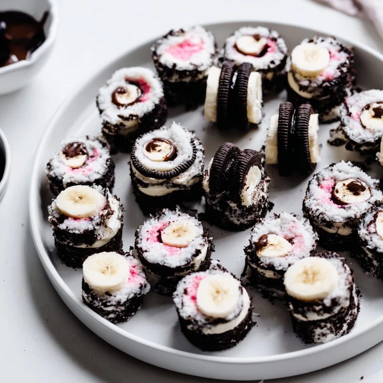 Dark chocolate "soy" dip complements the sweet Oreo cookie sushi rolls with festive sprinkles on top.
