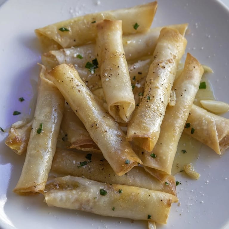 Close-up photo of crunchy garlic lumpia chips, showcasing the airy, crispy texture.