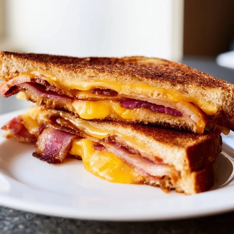 A close up of freshly made Crispy Bacon Cheddar Grilled Cheese; oozing cheddar and bacon are visible.