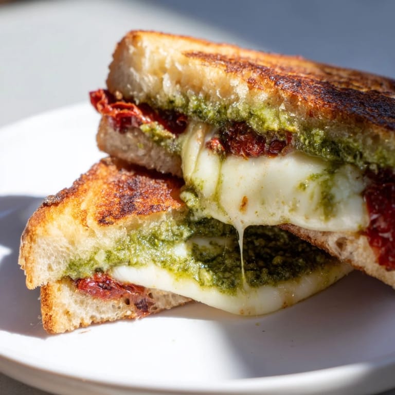 Close-up of a delicious pesto grilled cheese, showing the melted cheese and a bite of sun-dried tomatoes.