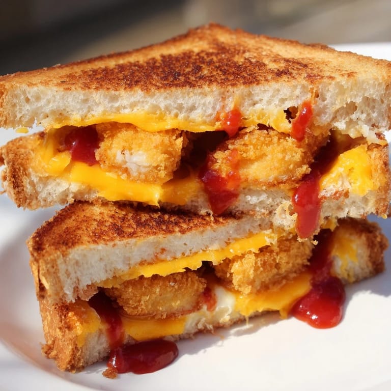 Warm, melty chicken nugget grilled cheese, a comforting American classic, ready to serve and enjoy.