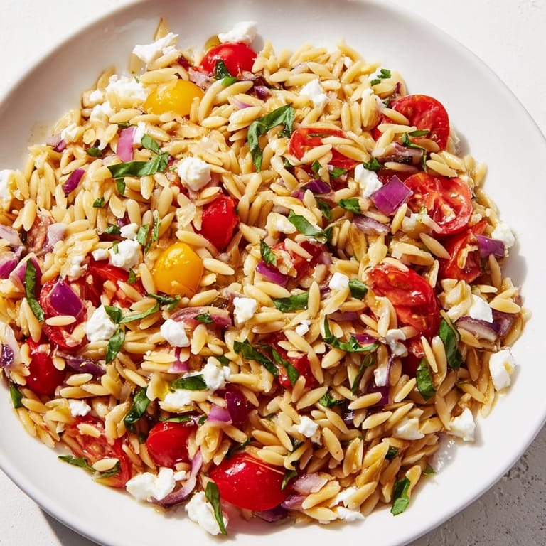 Fresh basil and parsley brighten the colors in this delicious Tomato Feta Orzo pasta salad.