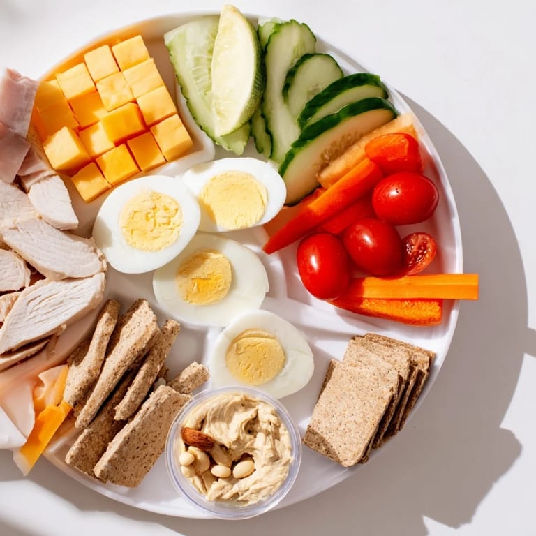Protein snack boxes with chicken, cheese, veggies, and hummus, perfect for a quick and healthy lunch.