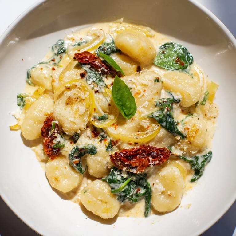 Warm bowl of Creamy Tuscan Gnocchi, the comforting Italian dish ready for a delicious dinner.