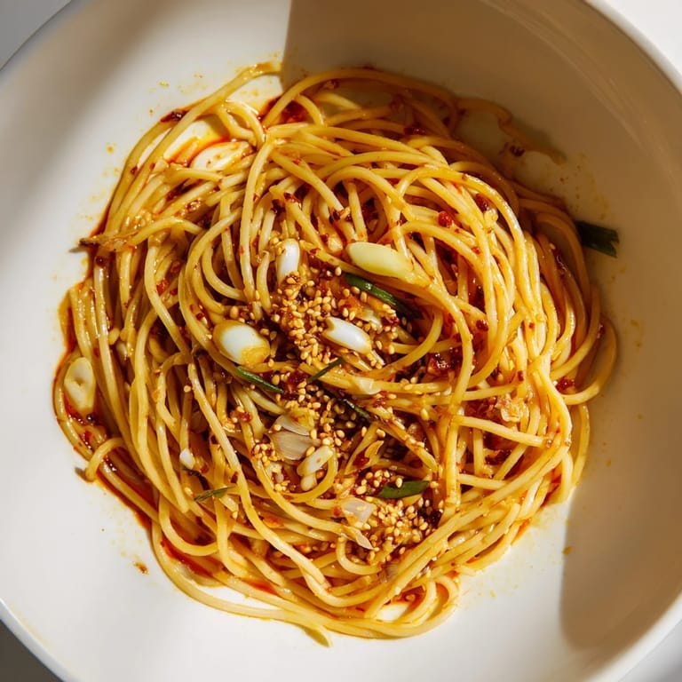 Close-up of Garlic Chili Oil Noodles, a vegan dish, featuring minced garlic and toasted sesame seeds.