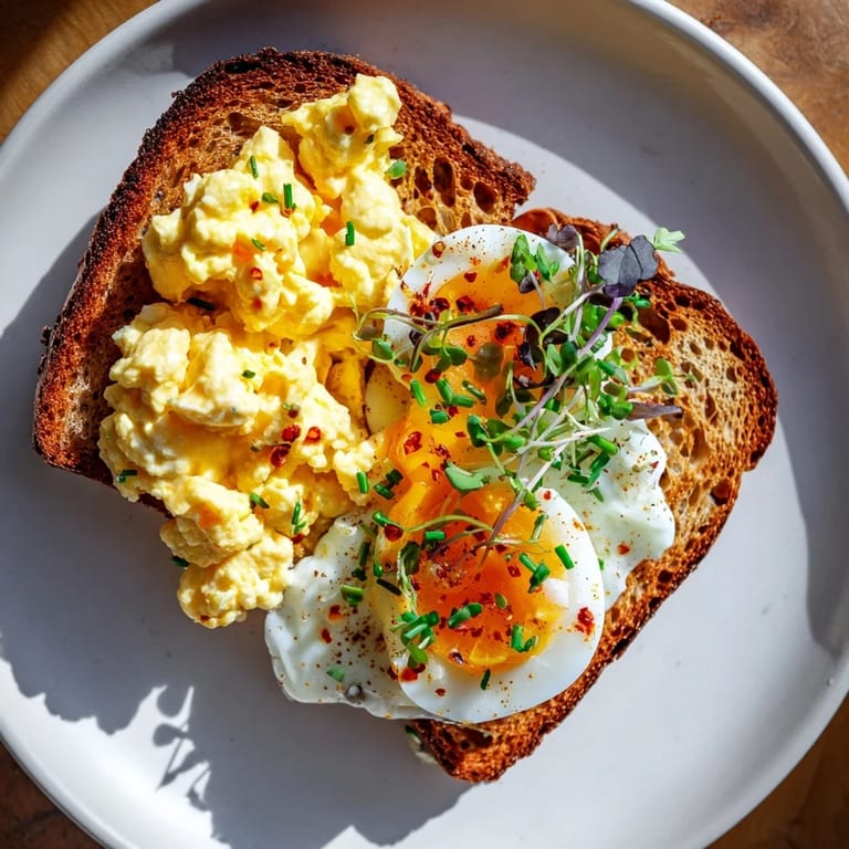 Golden, toasted bread topped with a delicious Egg Flight Toast showcasing three egg preparations.