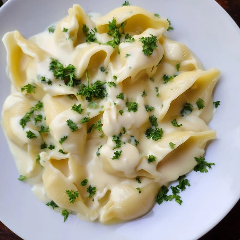 This high-protein mac & cheese features a velvety cottage cheese sauce, ready to serve.