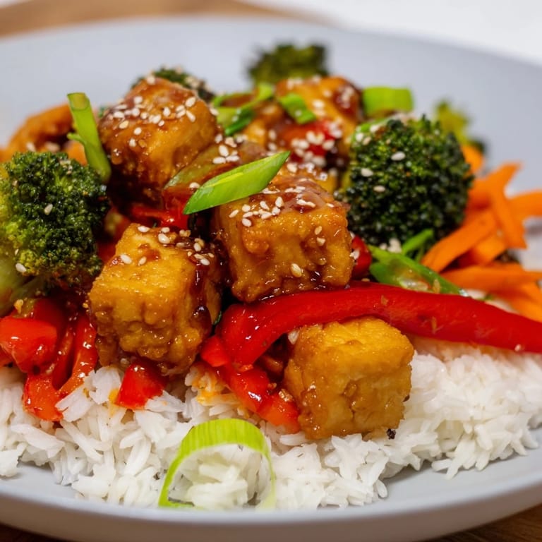 Serving suggestion: Enjoy hearty Honey Garlic Tofu Bowls, garnished with sesame seeds and green onions.
