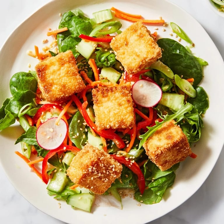Fresh, bright crispy tofu salad: a close-up of the protein-packed dish ready to enjoy this meal.