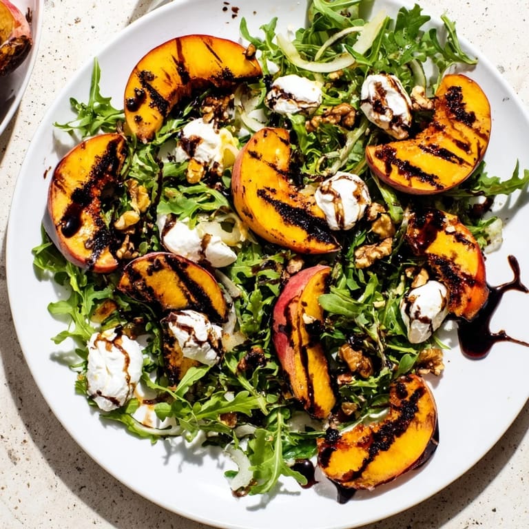 Vibrant plate of Grilled Peach Salad featuring arugula and balsamic, ready to serve.