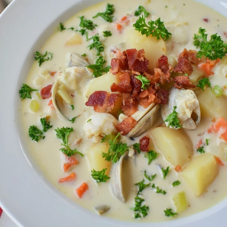Thick and hearty New England Clam Chowder, filled with tender clams and potatoes, ready to be enjoyed.