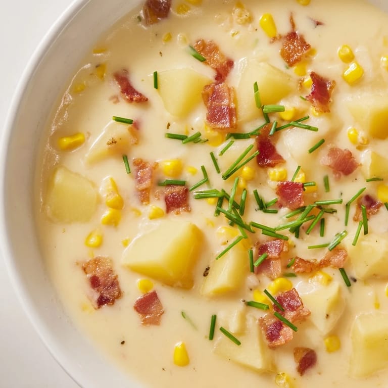 A steaming bowl of corn chowder soup with visible bacon, perfect for a cozy, comforting lunch.