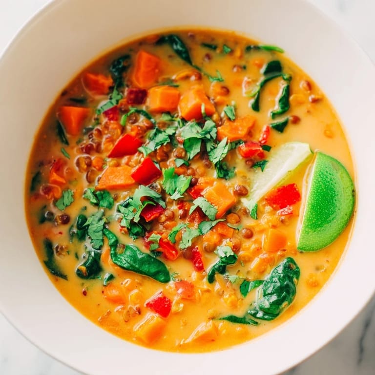 Close-up of creamy vegan lentil red curry soup, showcasing vibrant vegetables and coconut milk.