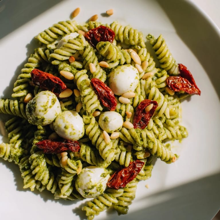 This pesto pasta salad with toasted pine nuts is bright, flavorful, and easy to enjoy.
