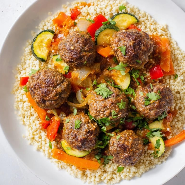 Aromatic North African Couscous Kefta with spiced meatballs and tender vegetables; a delicious dinner.