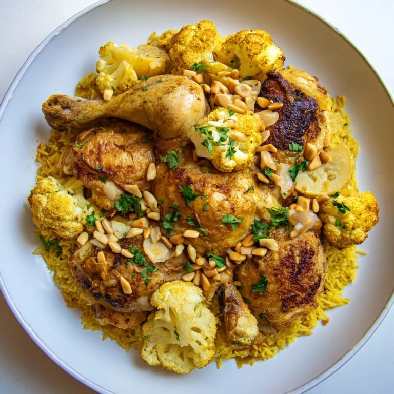 Delicious chicken and spiced rice form a beautiful, inverted Palestinian Maklouba dish, steaming hot.